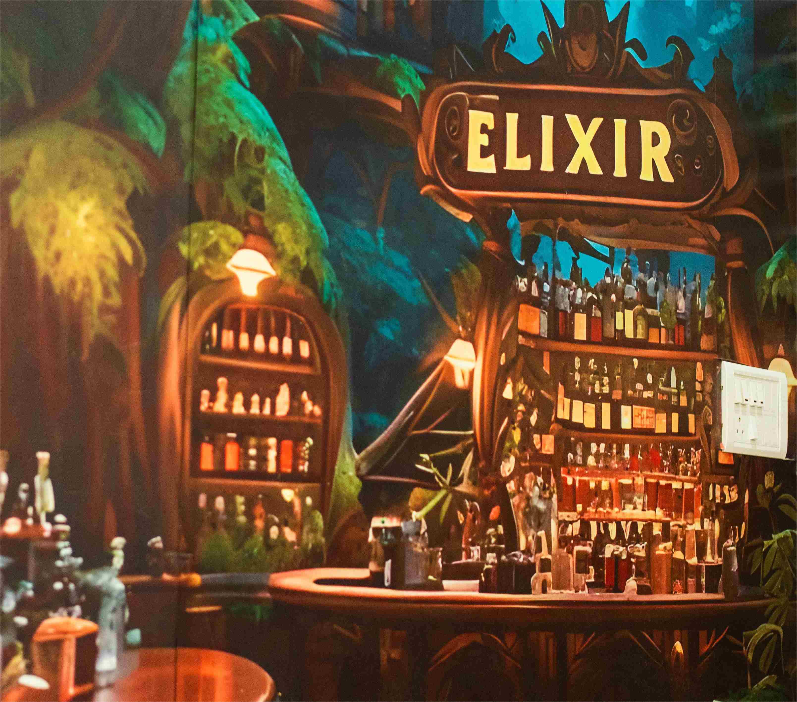 Elixir Hotel bar area with stools and decorative lighting